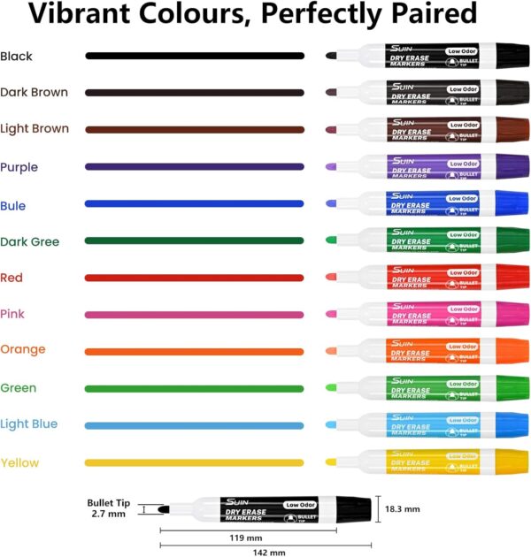 Marqueurs tableau blanc SUIN 12 couleurs effaçables à sec-1